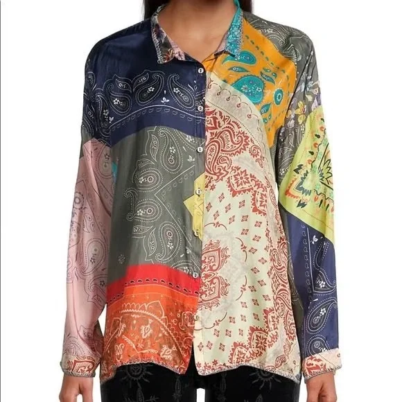 Johnny Was Adelaide 100% Silk Patchwork Long Sleeve Button Down Blouse Small - Picture 1 of 6